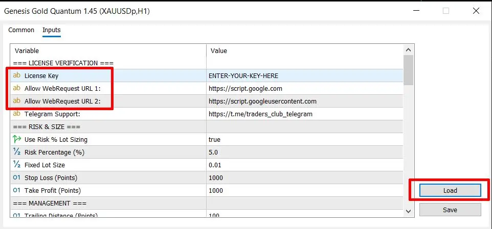 Genesis EA Input Parameters and License Authentication Window